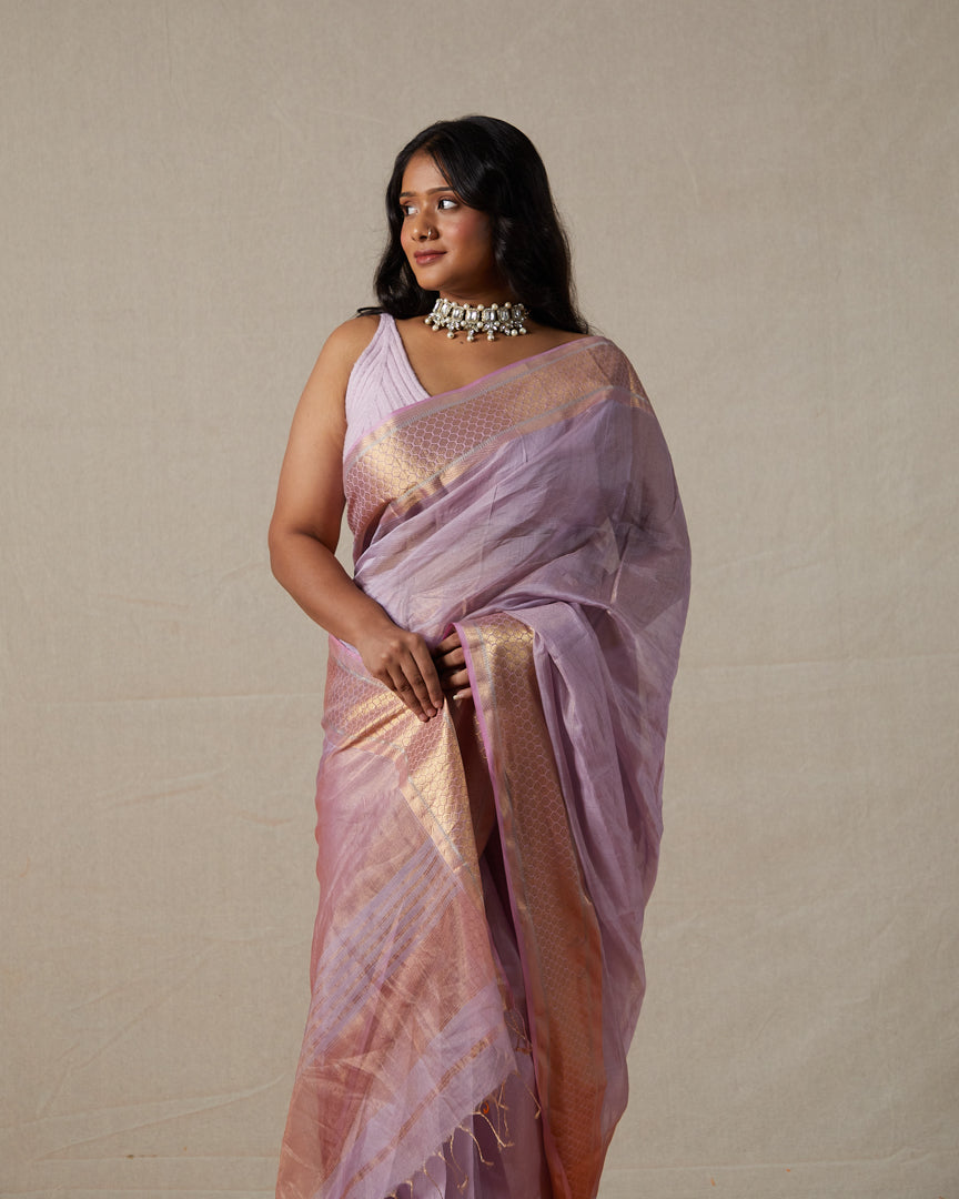 Lavender Maheshwari Tissue Saree With Gold Zari Border