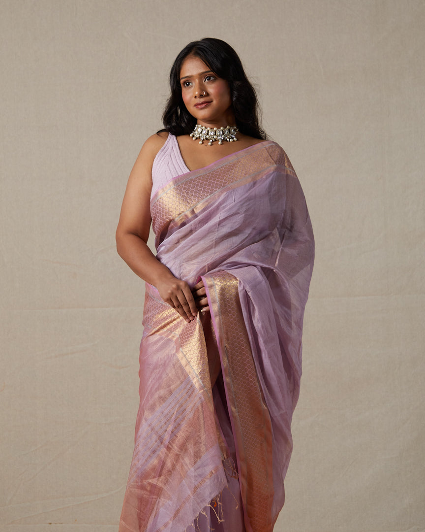Lavender Maheshwari Tissue Saree With Gold Zari Border