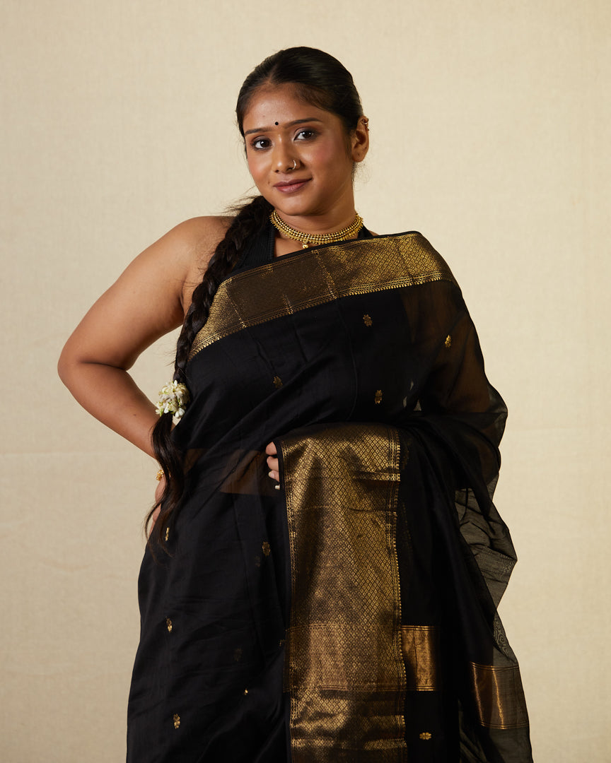Black Pure Silk Cotton Maheshwari Saree with Gold Zari Border