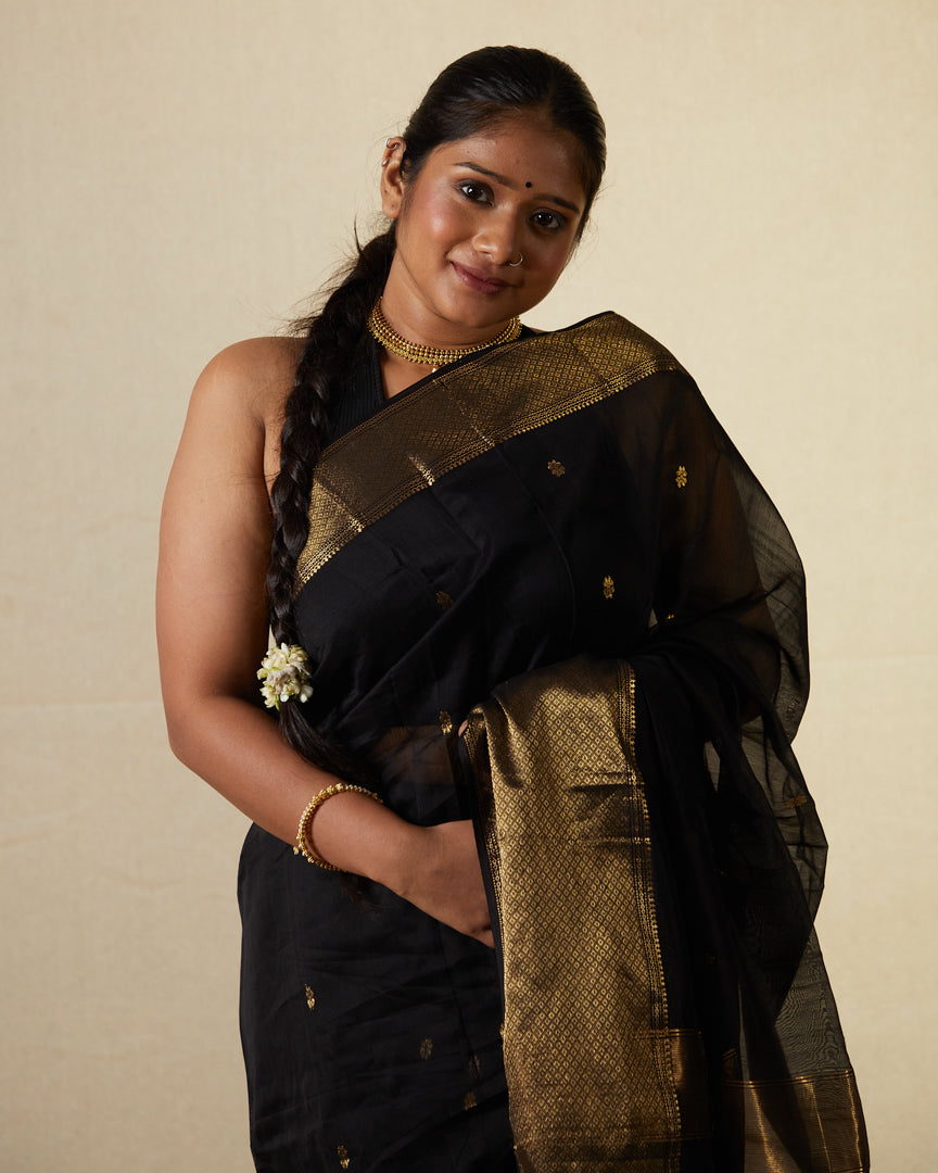 Black Pure Silk Cotton Maheshwari Saree with Gold Zari Border