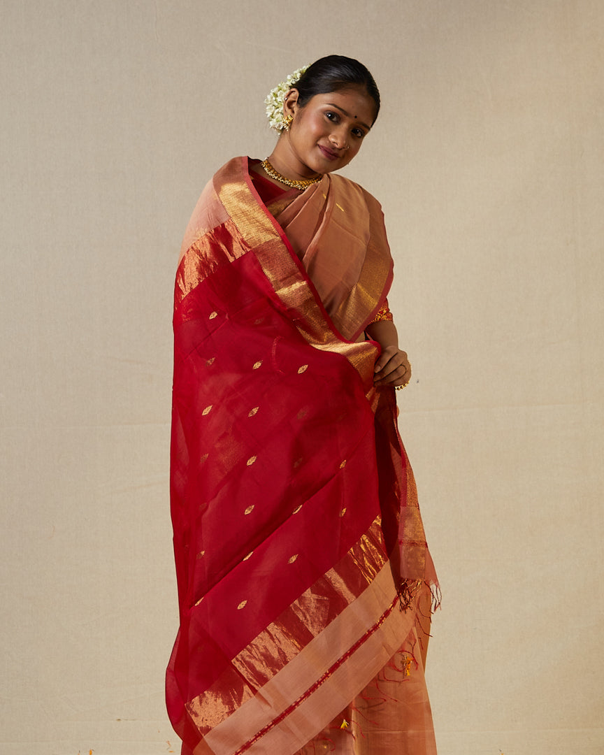 Peach Pure Silk Cotton Maheshwari Saree with Gold Zari Border