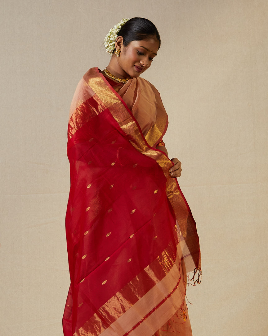 Peach Pure Silk Cotton Maheshwari Saree with Gold Zari Border