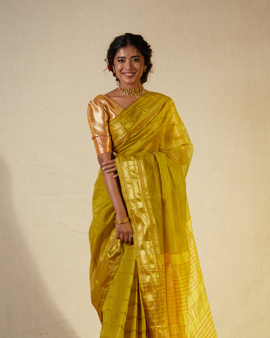 Yellow Pure Silk Cotton Maheshwari Saree with Gold Zari Border