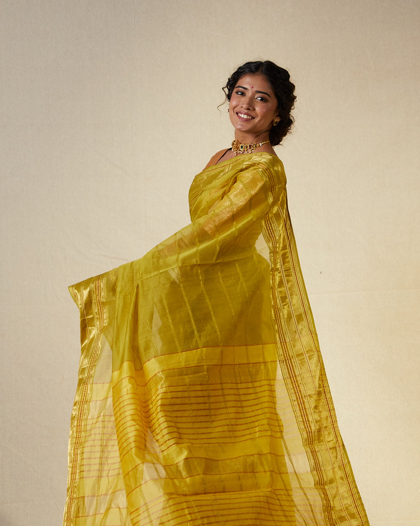 Yellow Pure Silk Cotton Maheshwari Saree with Gold Zari Border