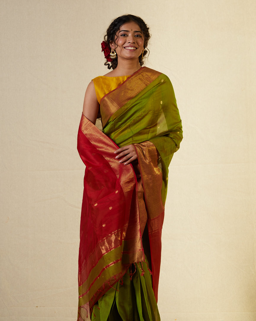 Green Pure Silk Cotton Maheshwari Saree with Gold Zari Border