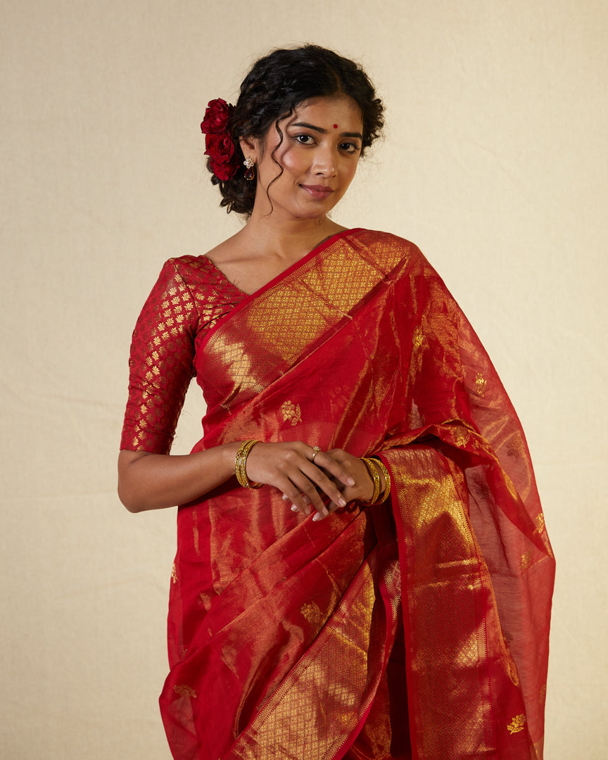 Red Maheshwari Tissue Saree With Gold Zari Border