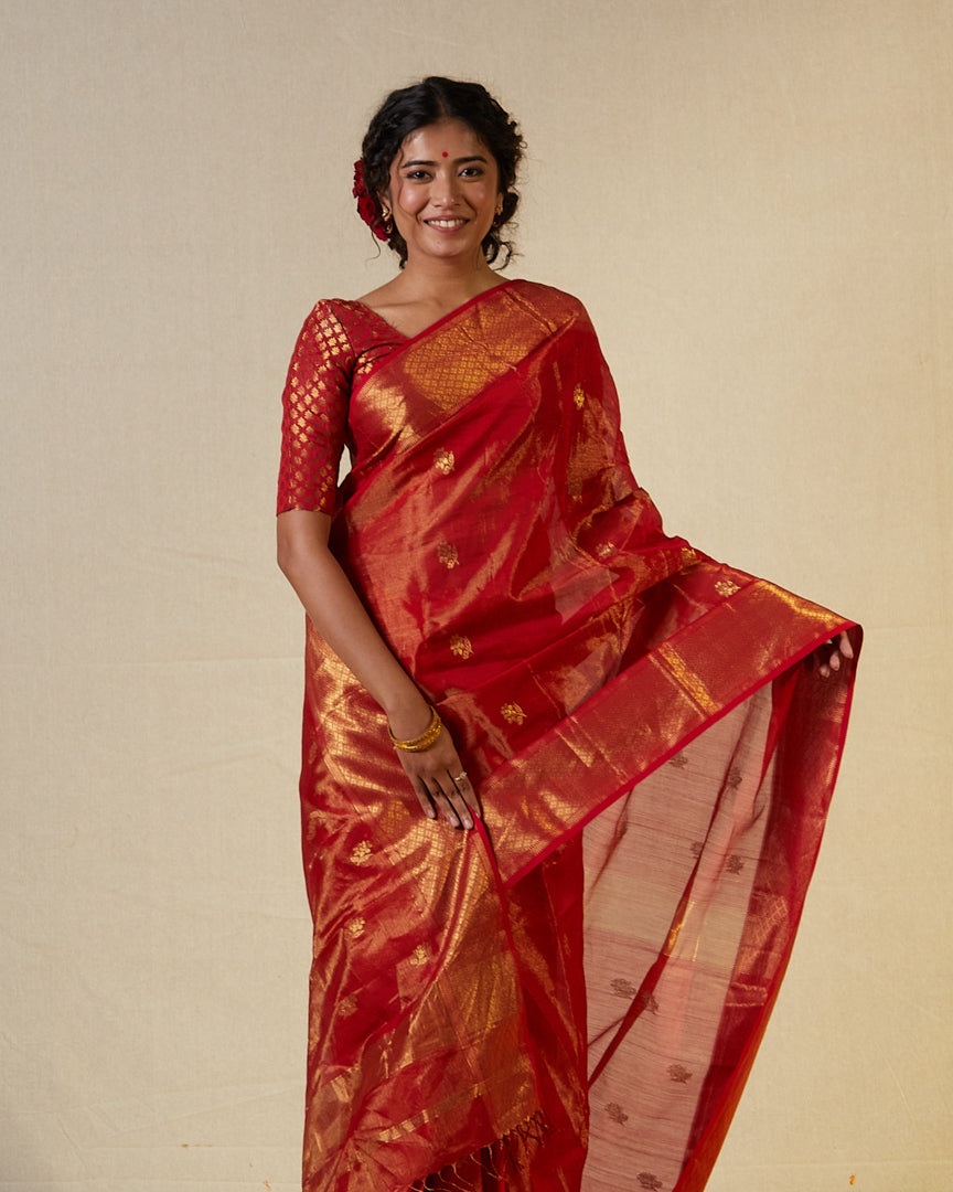 Red Maheshwari Tissue Saree With Gold Zari Border