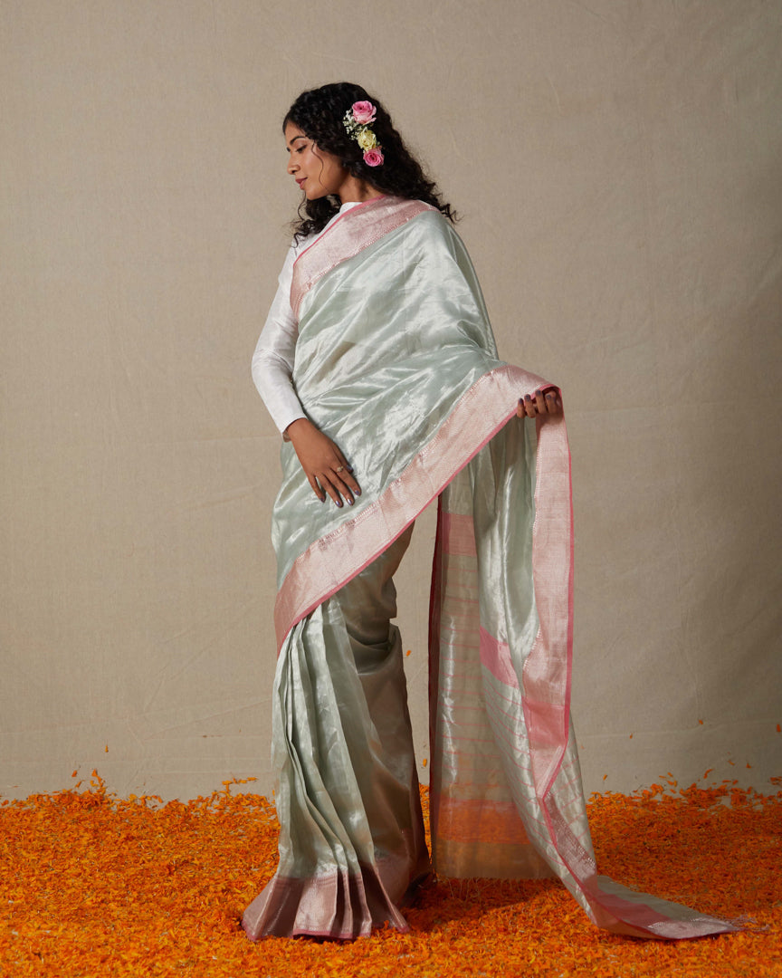 Light Blue Maheshwari Tissue Saree With Silver Zari Border