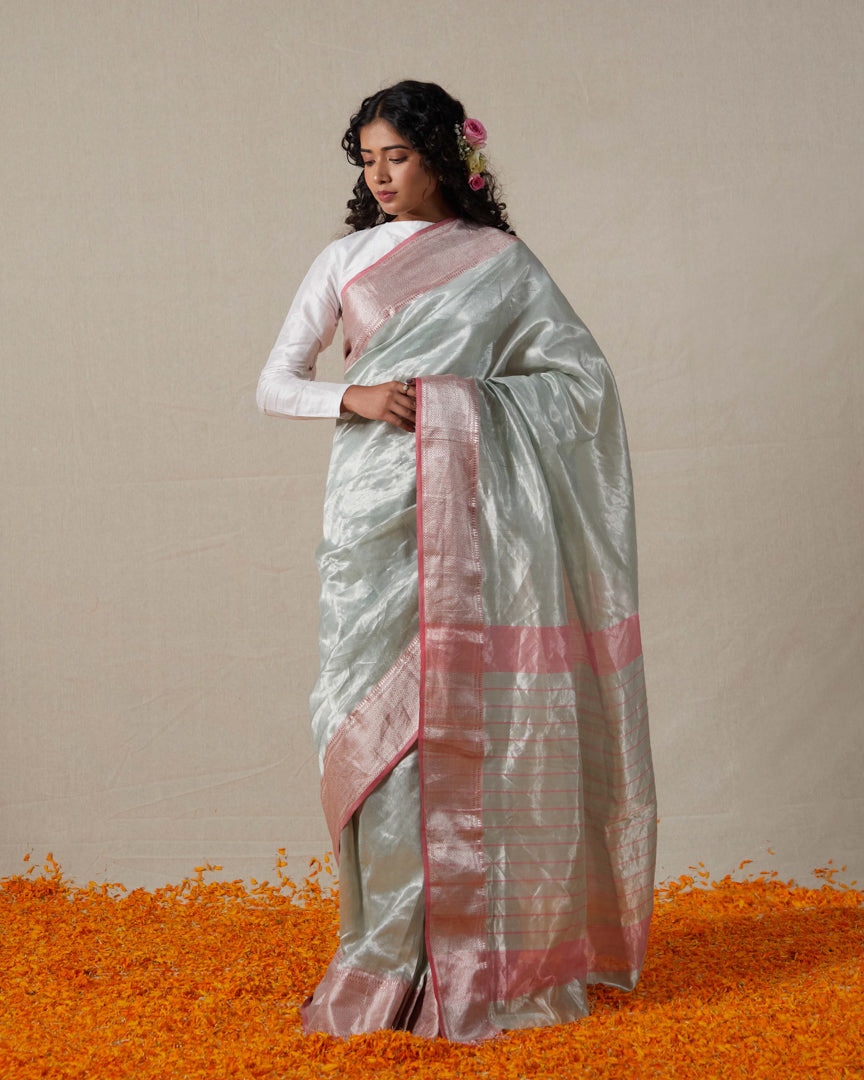 Light Blue Maheshwari Tissue Saree With Silver Zari Border