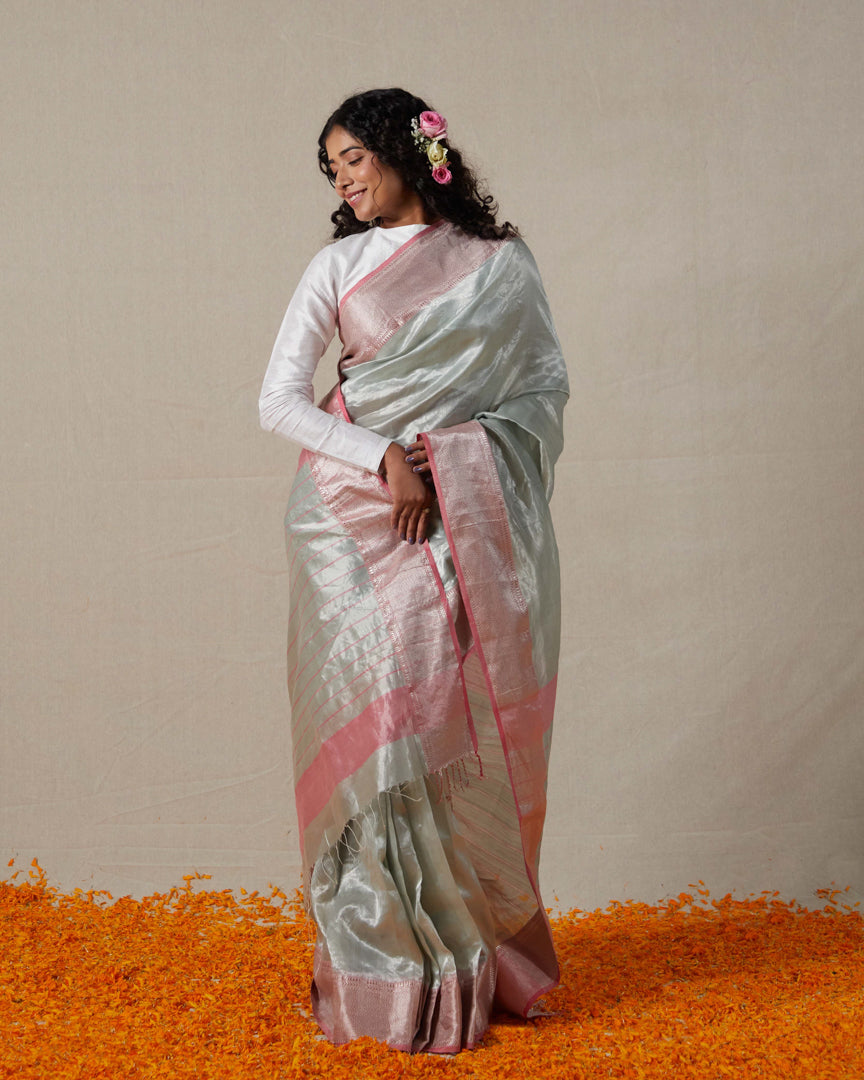 Light Blue Maheshwari Tissue Saree With Silver Zari Border