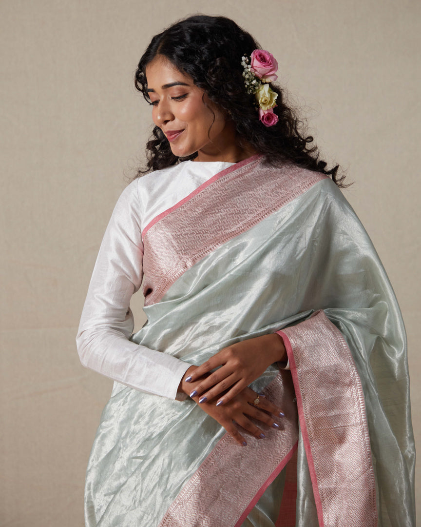 Light Blue Maheshwari Tissue Saree With Silver Zari Border