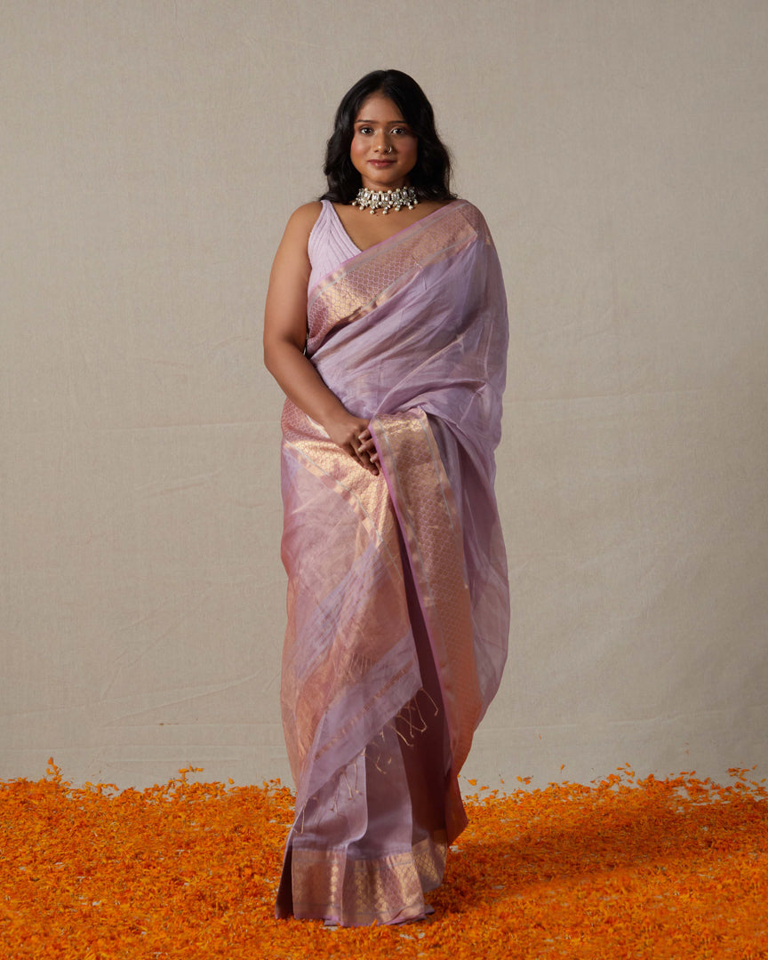 Lavender Maheshwari Tissue Saree With Gold Zari Border