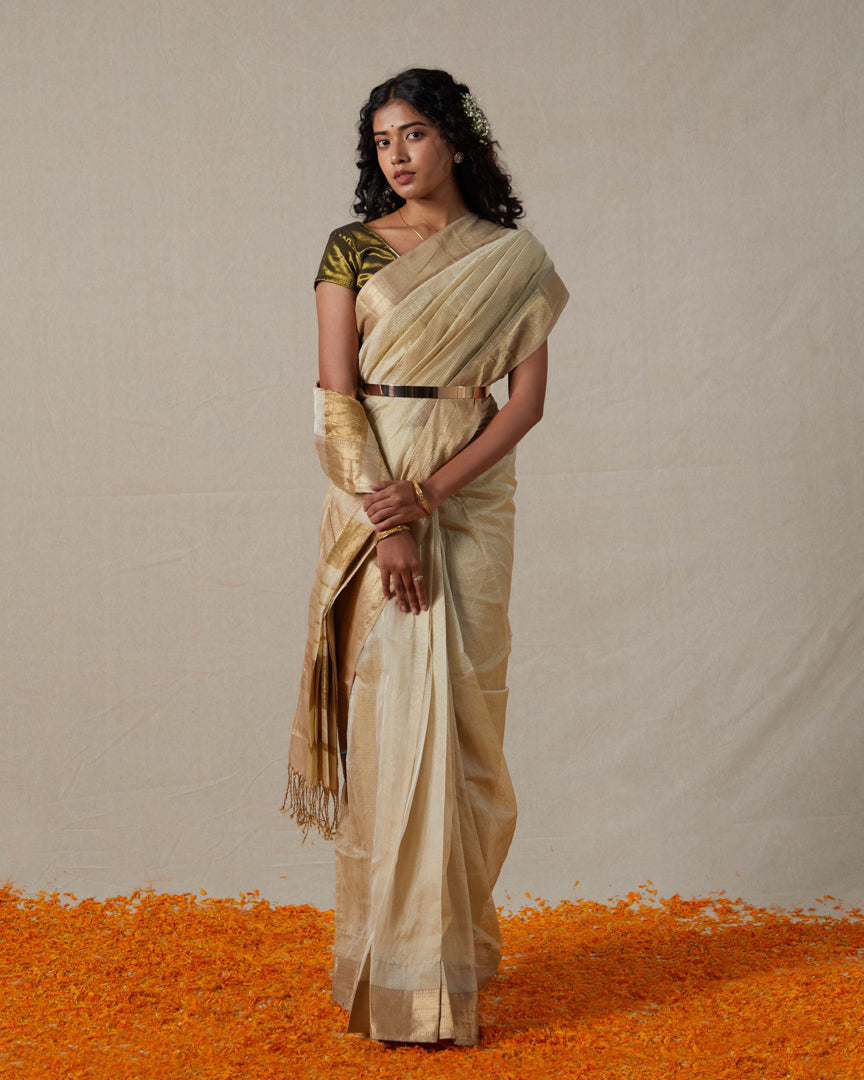 Ivory Maheshwari Tissue Saree With Gold Zari Border