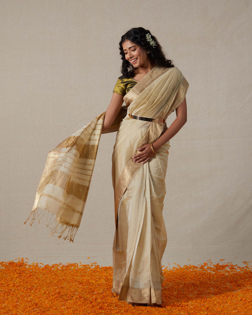 Ivory Maheshwari Tissue Saree With Gold Zari Border