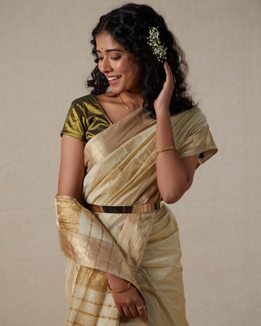 Ivory Maheshwari Tissue Saree With Gold Zari Border