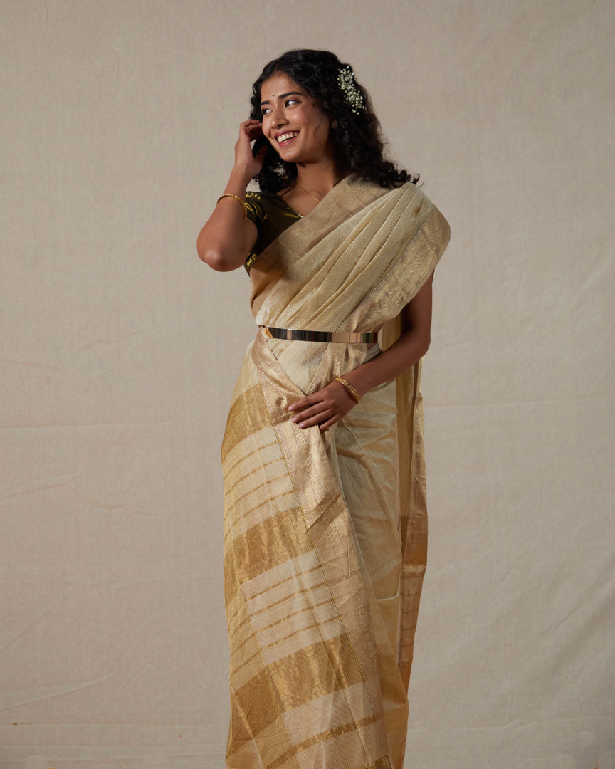 Ivory Maheshwari Tissue Saree With Gold Zari Border