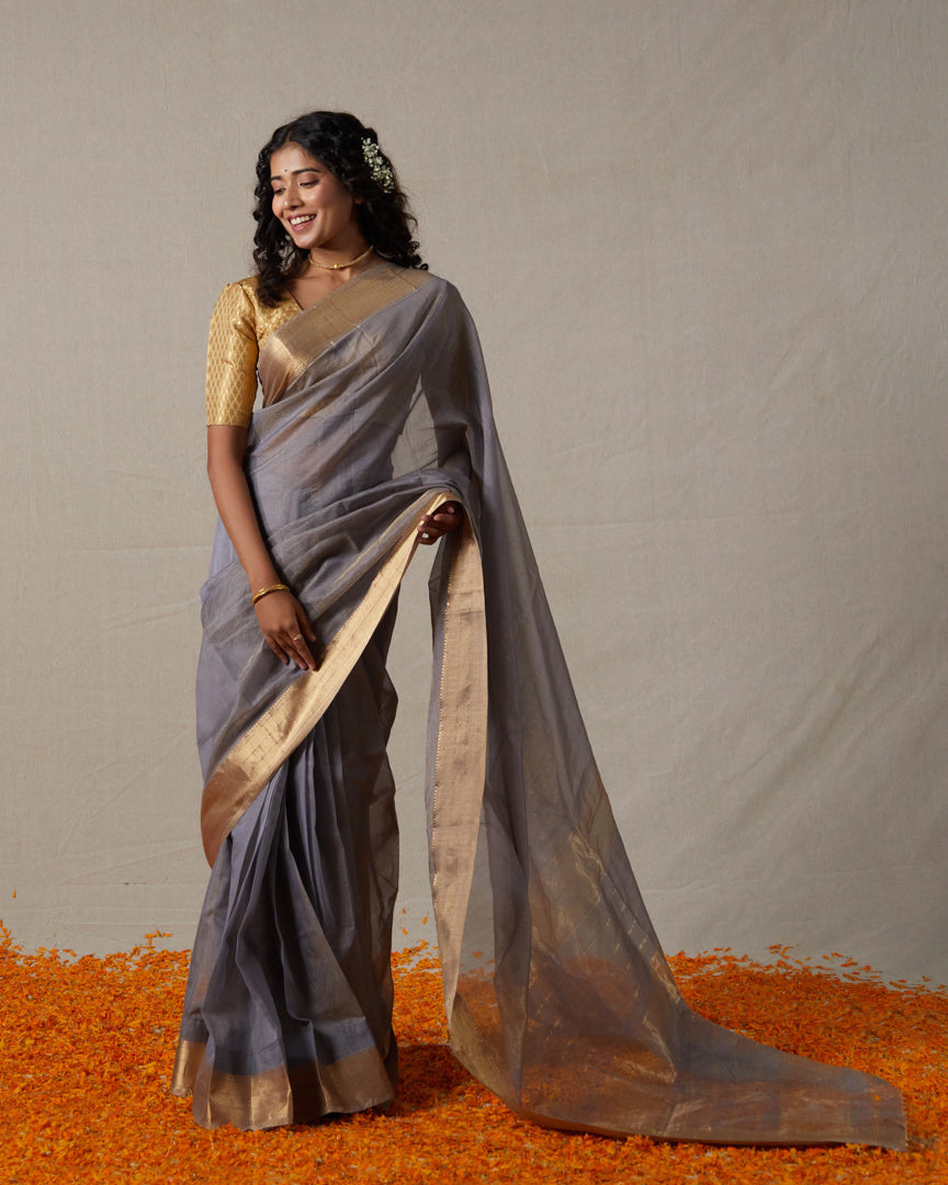 Grey Maheshwari Tissue Saree With Gold Zari Border