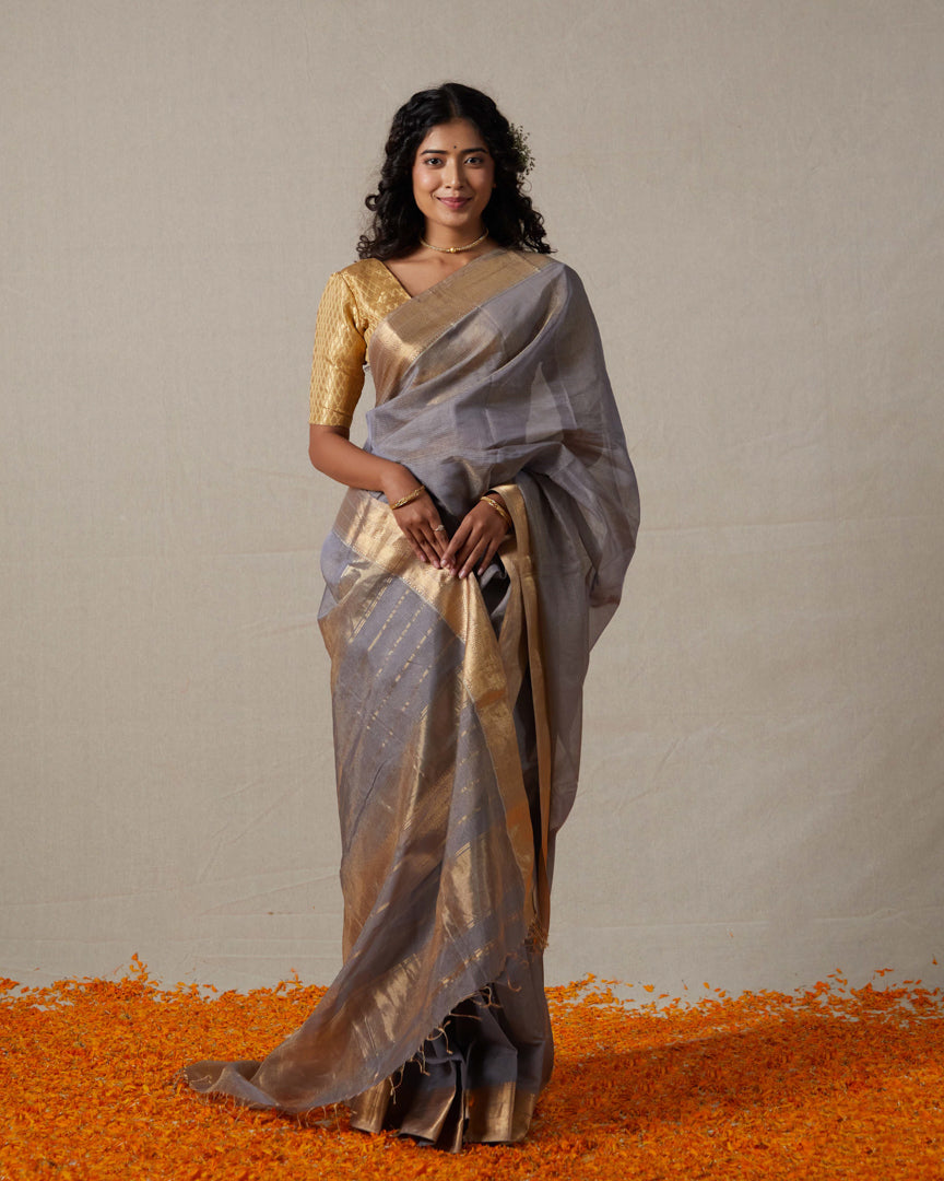 Grey Maheshwari Tissue Saree With Gold Zari Border