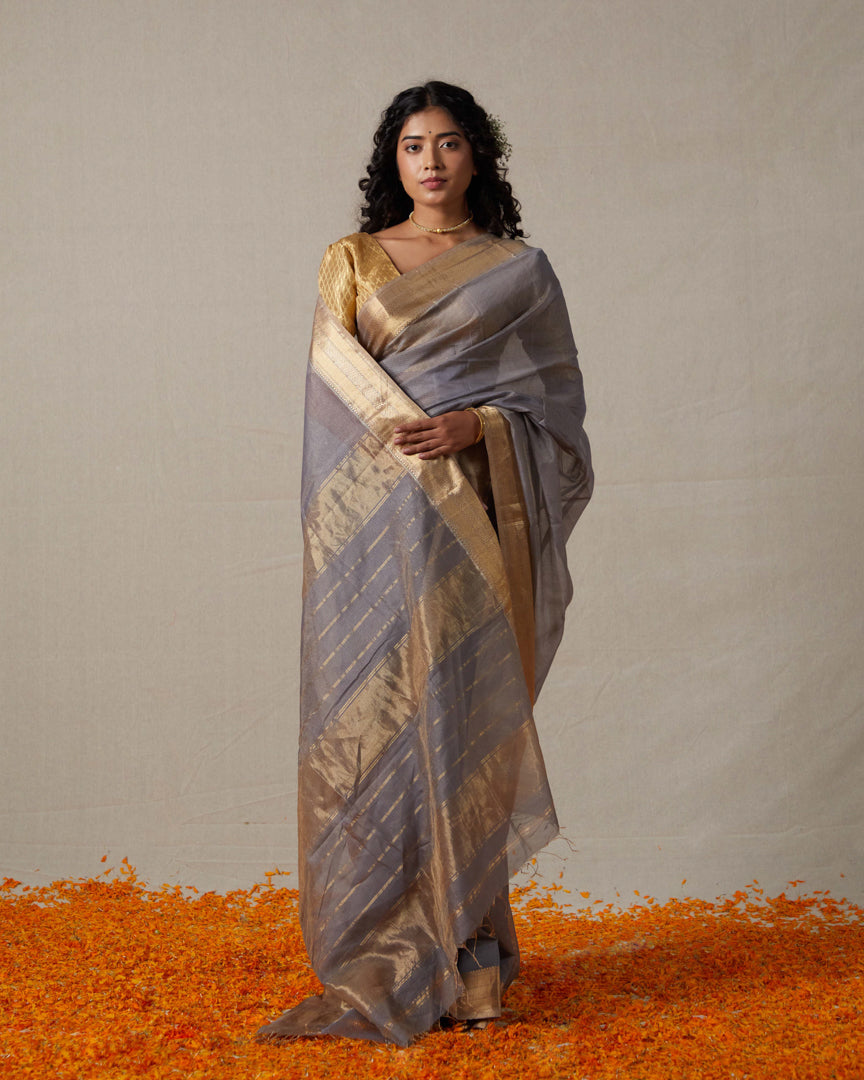 Grey Maheshwari Tissue Saree With Gold Zari Border