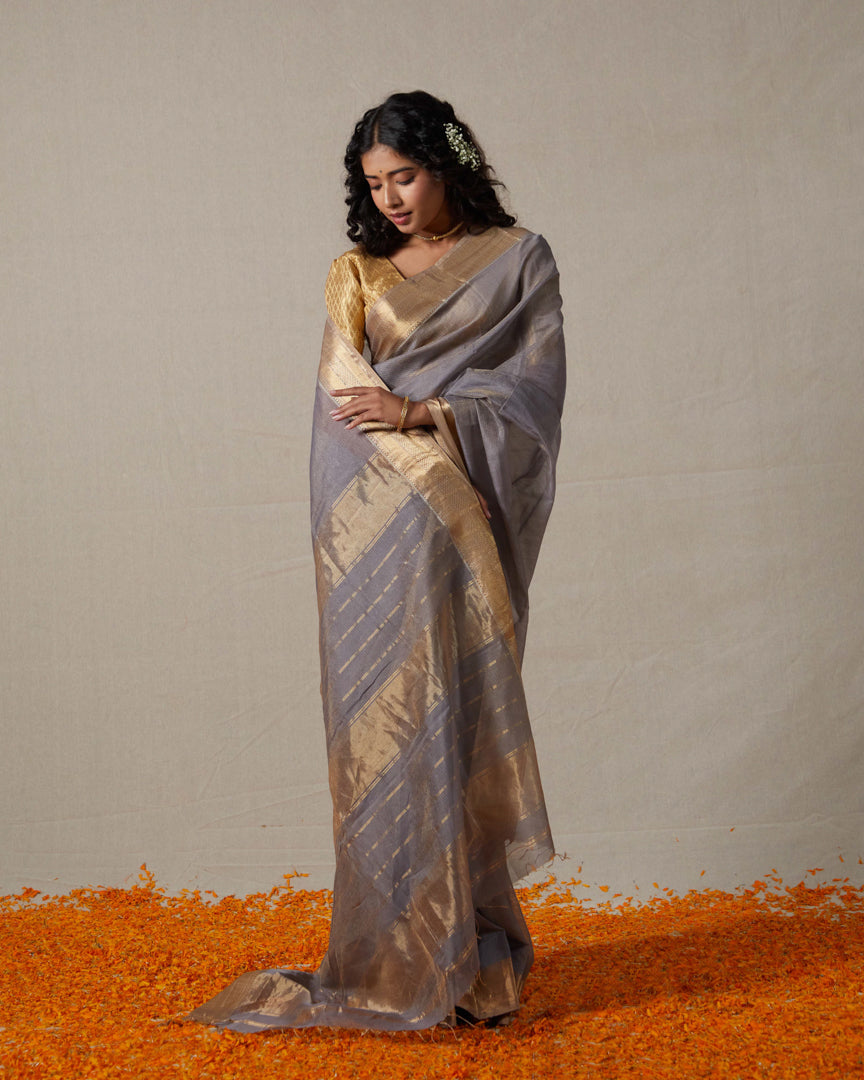 Grey Maheshwari Tissue Saree With Gold Zari Border