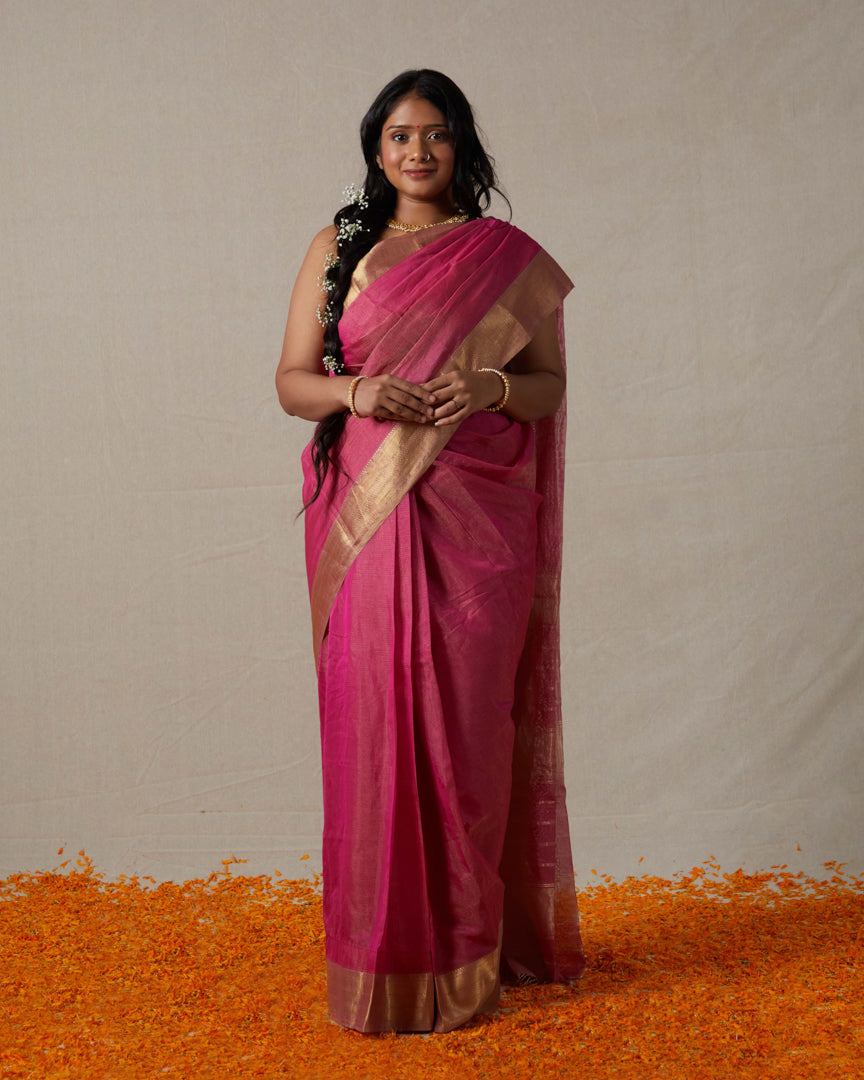 Pink Maheshwari Tissue Saree With Gold Zari Border