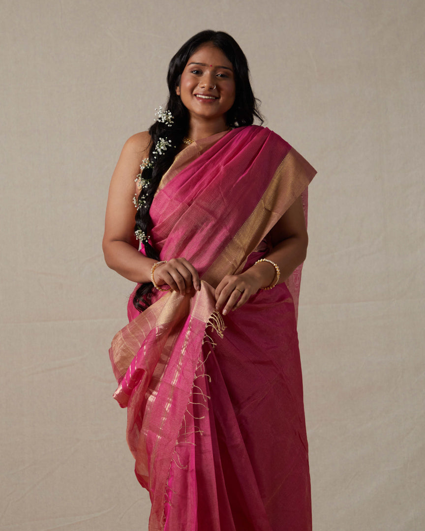 Pink Maheshwari Tissue Saree With Gold Zari Border