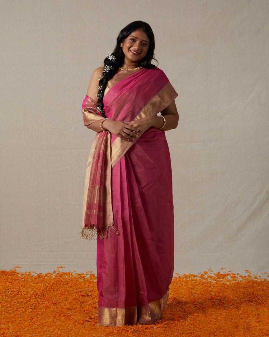 Pink Maheshwari Tissue Saree With Gold Zari Border