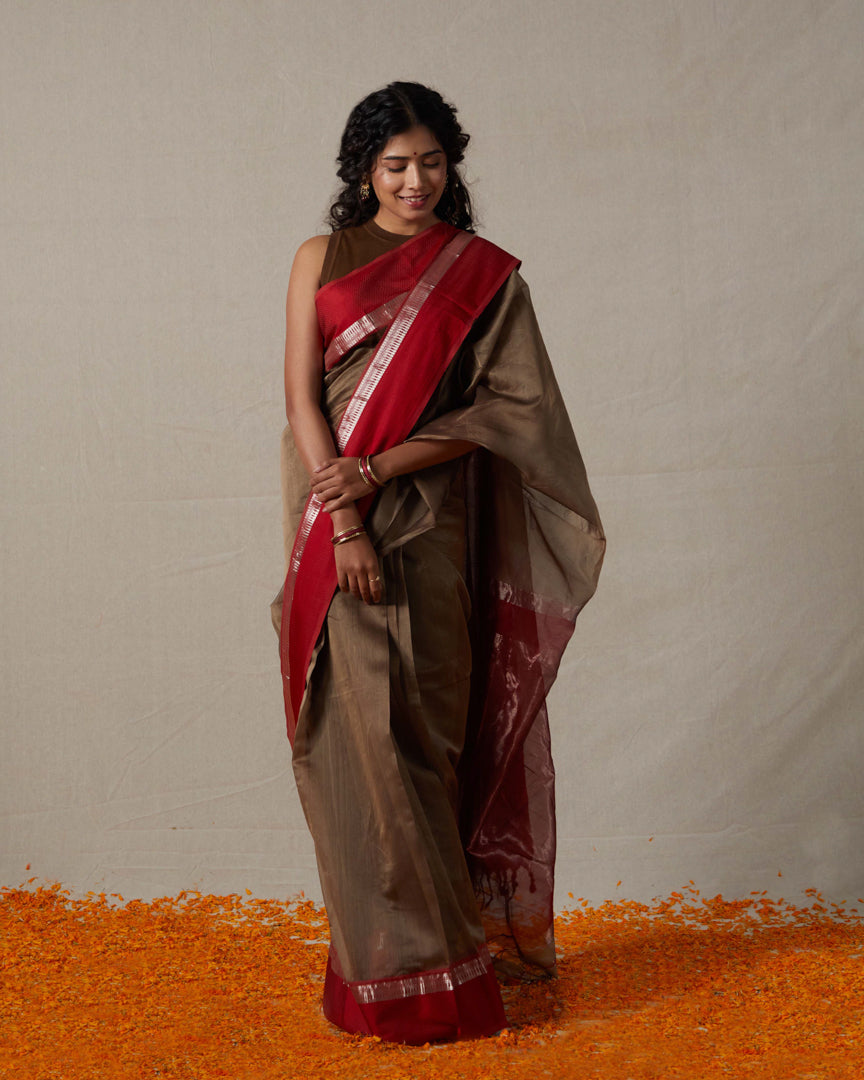 Brown Pure Silk Cotton Maheshwari Saree with Silk & Silver Zari Border
