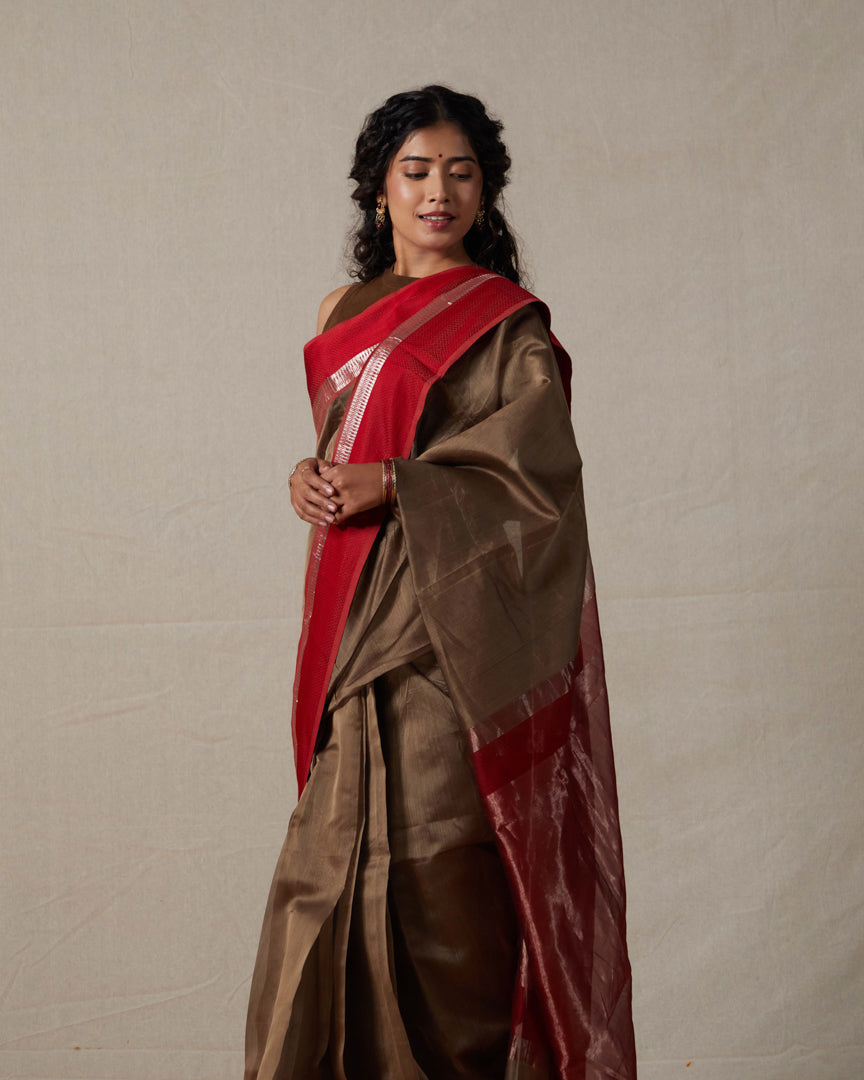 Brown Pure Silk Cotton Maheshwari Saree with Silk & Silver Zari Border