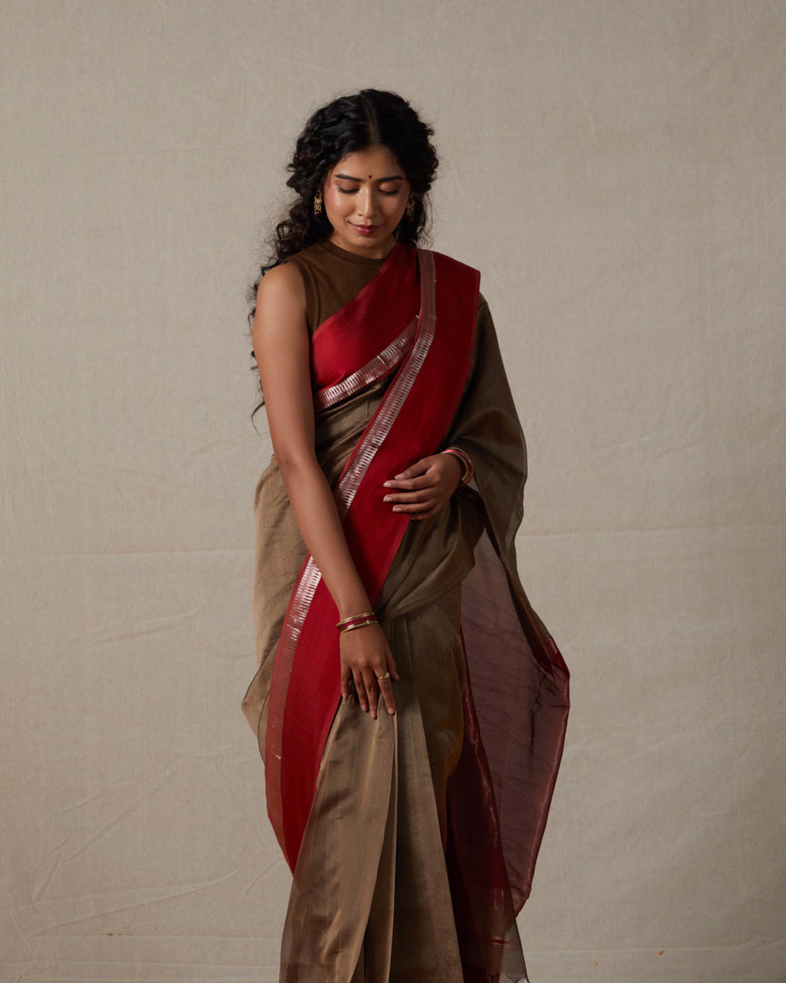 Brown Pure Silk Cotton Maheshwari Saree with Silk & Silver Zari Border