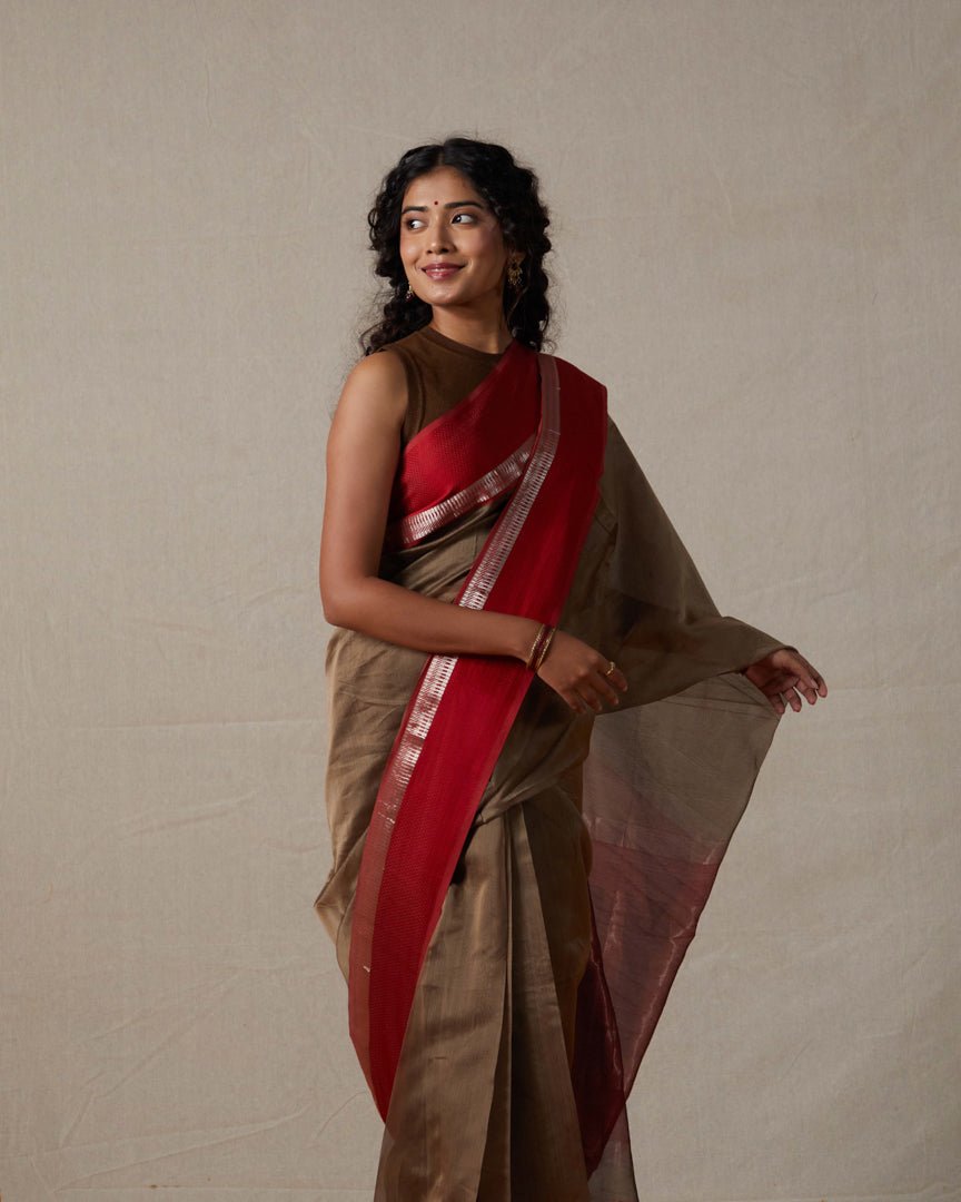 Brown Pure Silk Cotton Maheshwari Saree with Silk & Silver Zari Border