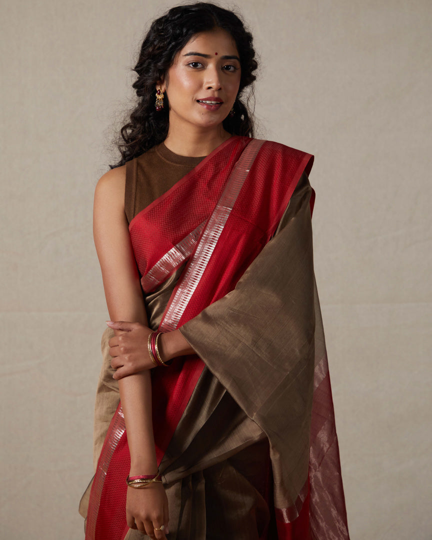 Brown Pure Silk Cotton Maheshwari Saree with Silk & Silver Zari Border