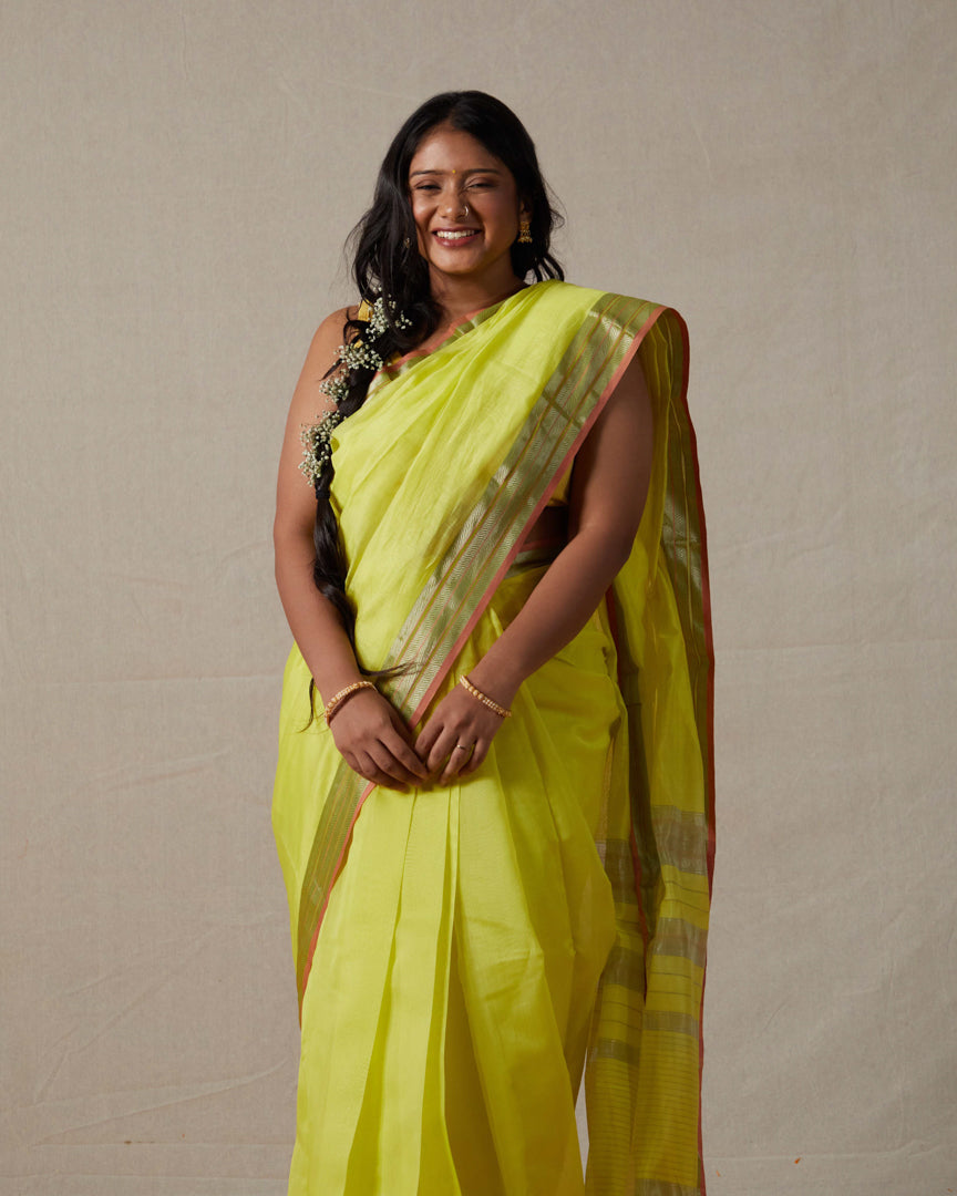 Lime Pure Silk Cotton Maheshwari Saree with Silk & Silver Zari Border