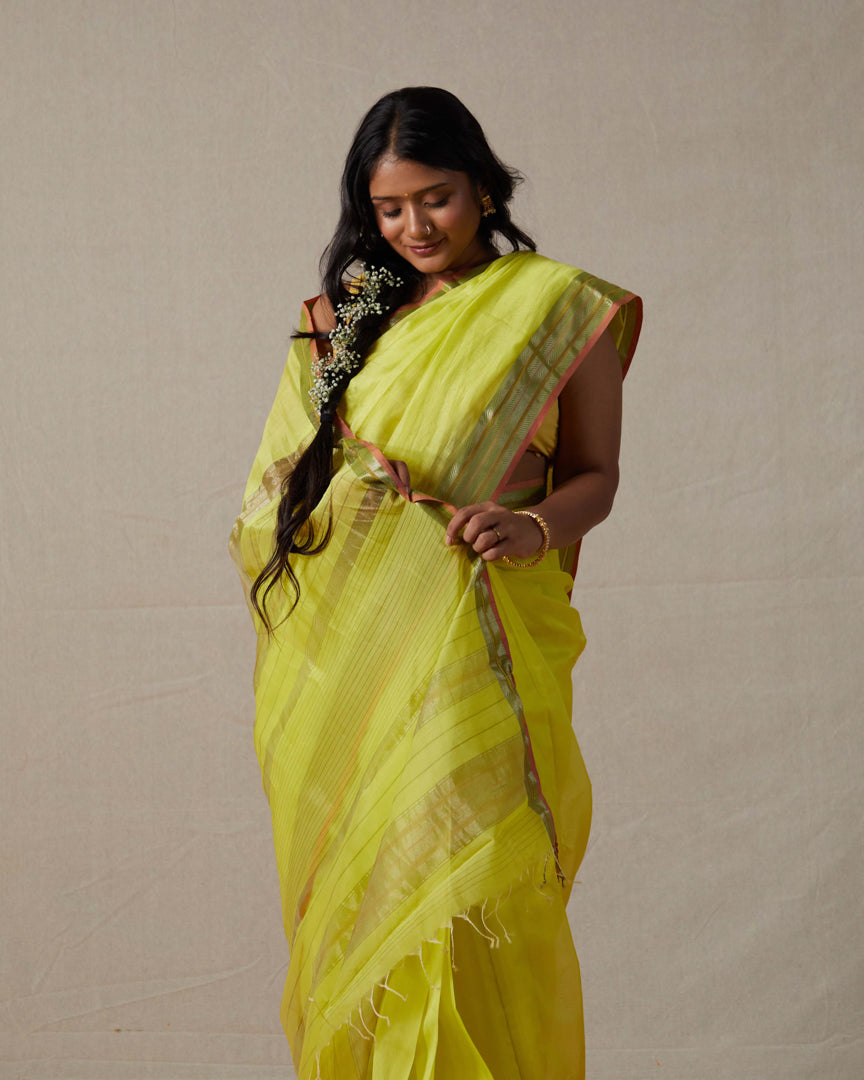 Lime Pure Silk Cotton Maheshwari Saree with Silk & Silver Zari Border