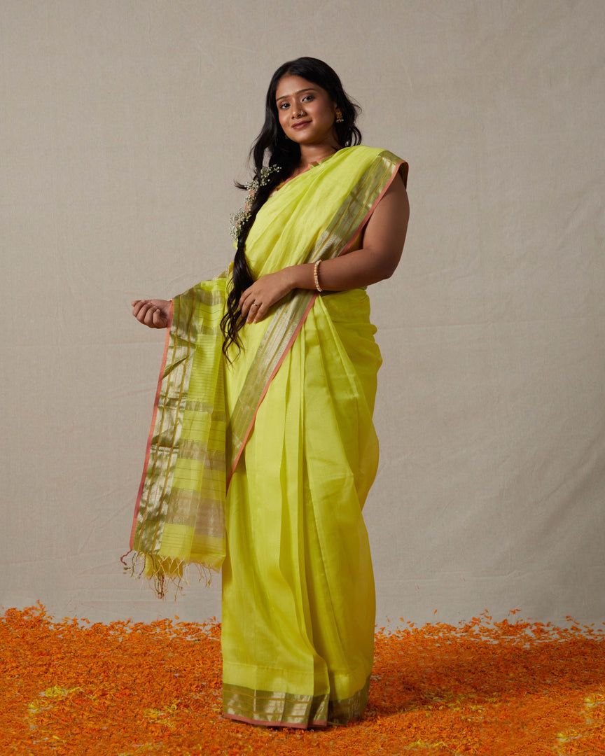 Lime Pure Silk Cotton Maheshwari Saree with Silk & Silver Zari Border