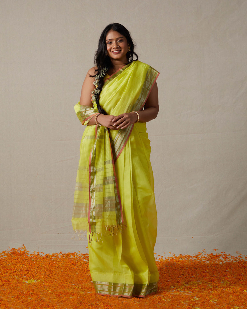 Lime Pure Silk Cotton Maheshwari Saree with Silk & Silver Zari Border