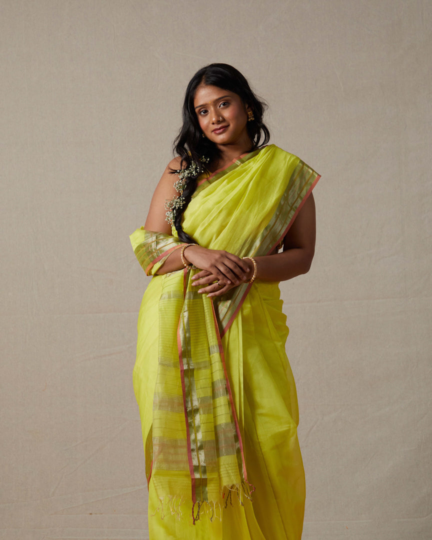 Lime Pure Silk Cotton Maheshwari Saree with Silk & Silver Zari Border