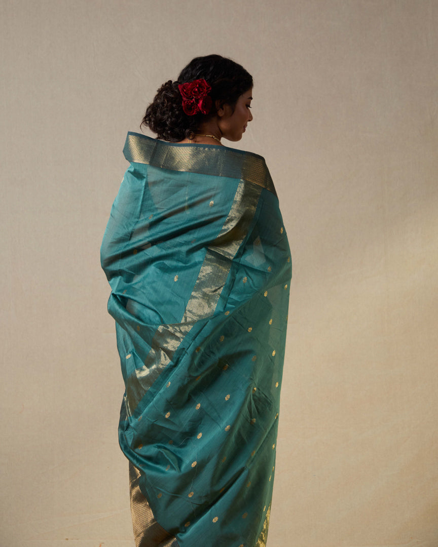 Blue Pure Silk Cotton Maheshwari Saree with Gold Zari Border