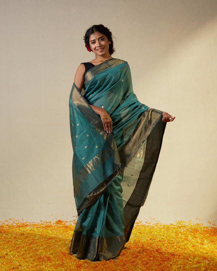 Blue Pure Silk Cotton Maheshwari Saree with Gold Zari Border