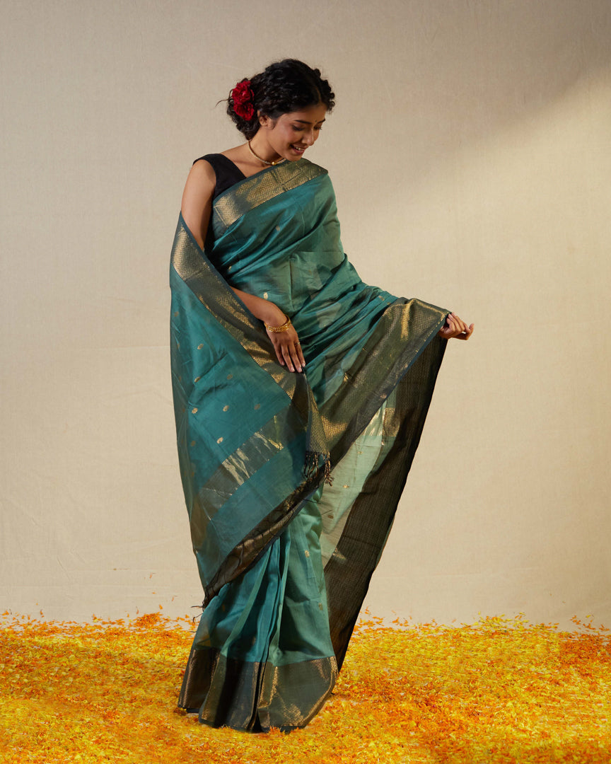 Blue Pure Silk Cotton Maheshwari Saree with Gold Zari Border