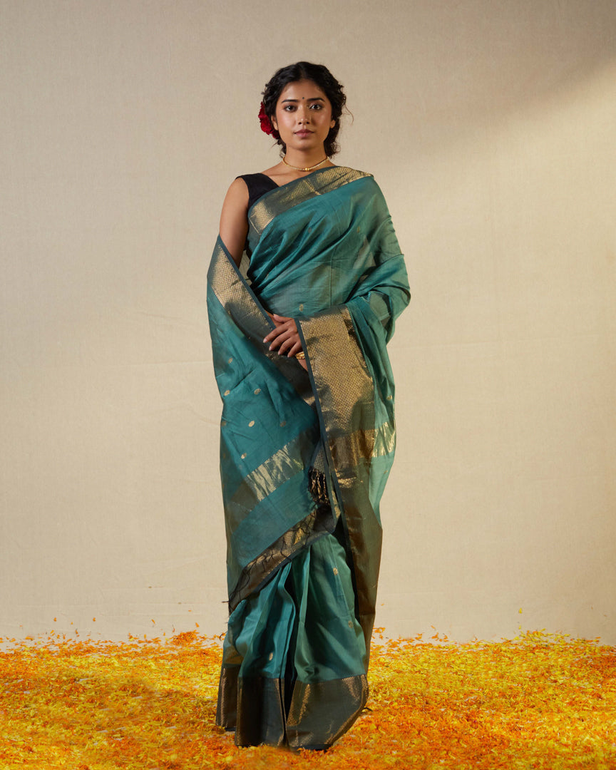 Blue Pure Silk Cotton Maheshwari Saree with Gold Zari Border
