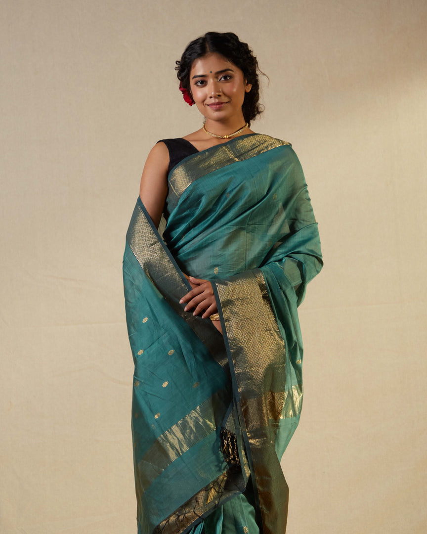 Blue Pure Silk Cotton Maheshwari Saree with Gold Zari Border