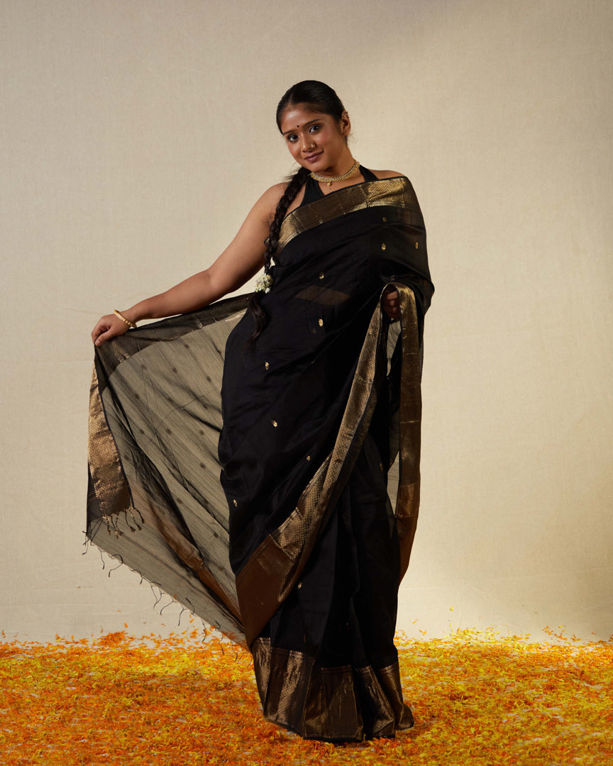 Black Pure Silk Cotton Maheshwari Saree with Gold Zari Border