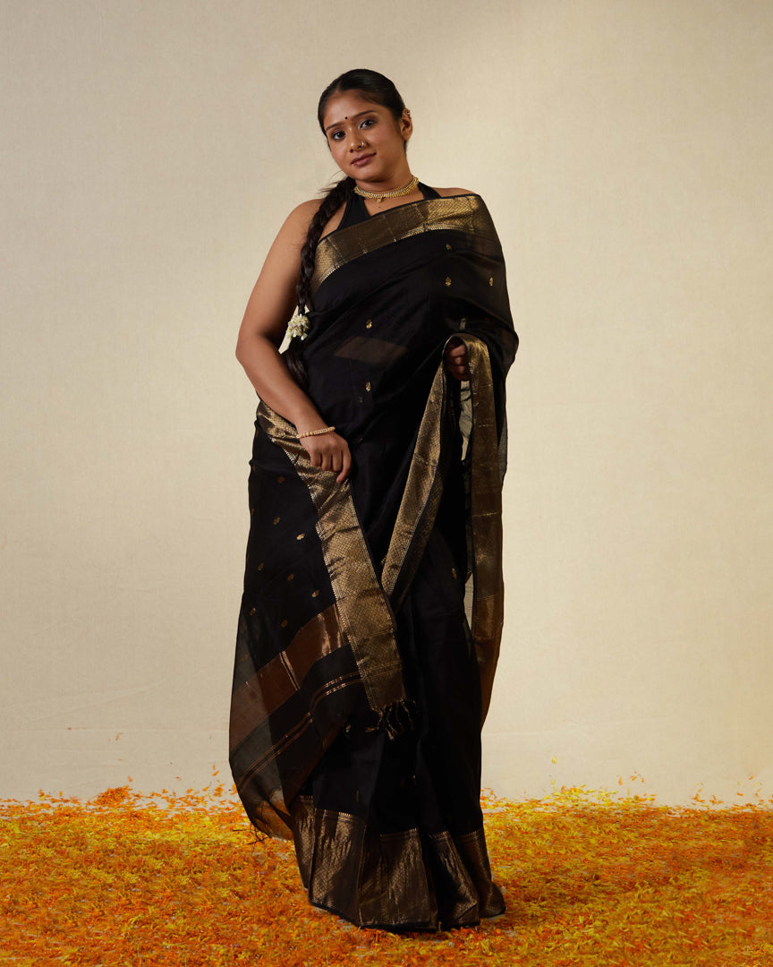 Black Pure Silk Cotton Maheshwari Saree with Gold Zari Border