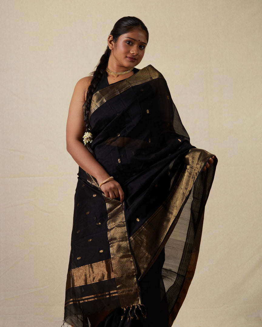 Black Pure Silk Cotton Maheshwari Saree with Gold Zari Border