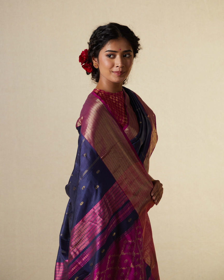 Blue Pure Silk Maheshwari Saree With Jall Pallu & Gold Zari Border