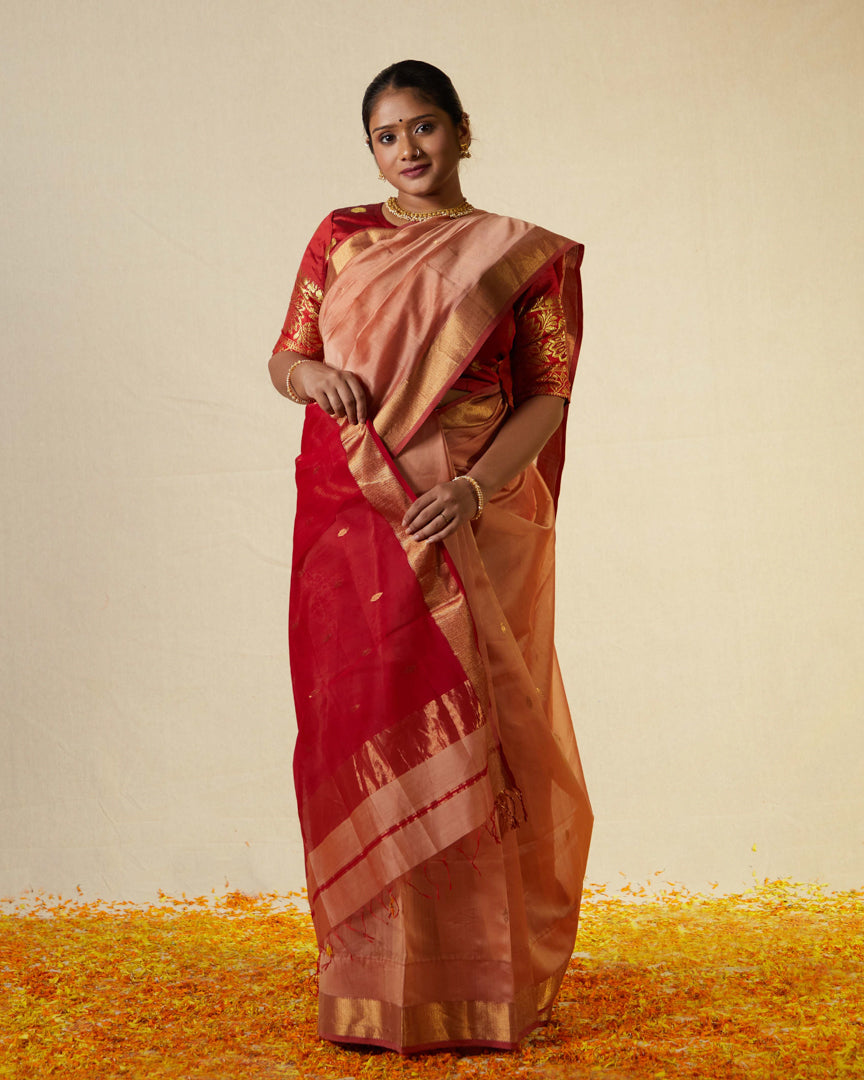 Peach Pure Silk Cotton Maheshwari Saree with Gold Zari Border