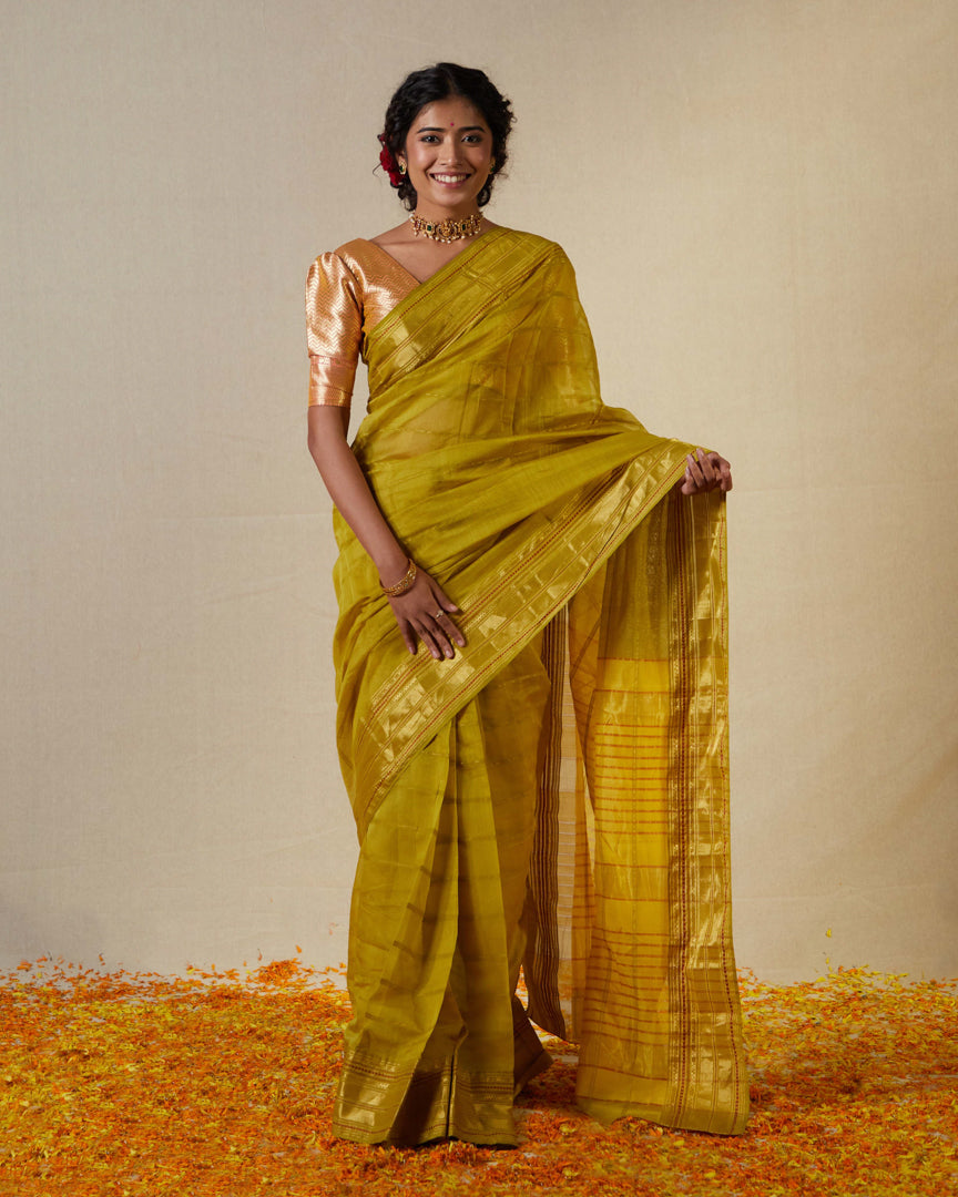 Yellow Pure Silk Cotton Maheshwari Saree with Gold Zari Border