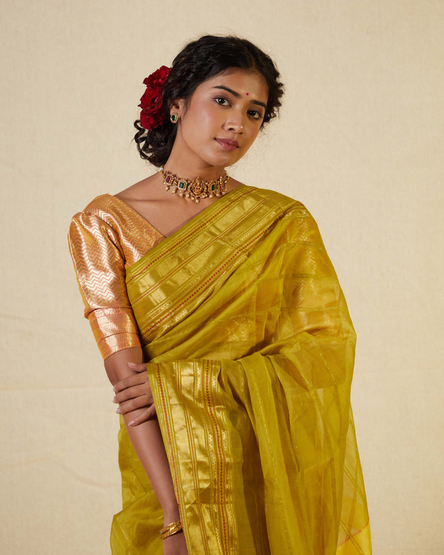 Yellow Pure Silk Cotton Maheshwari Saree with Gold Zari Border