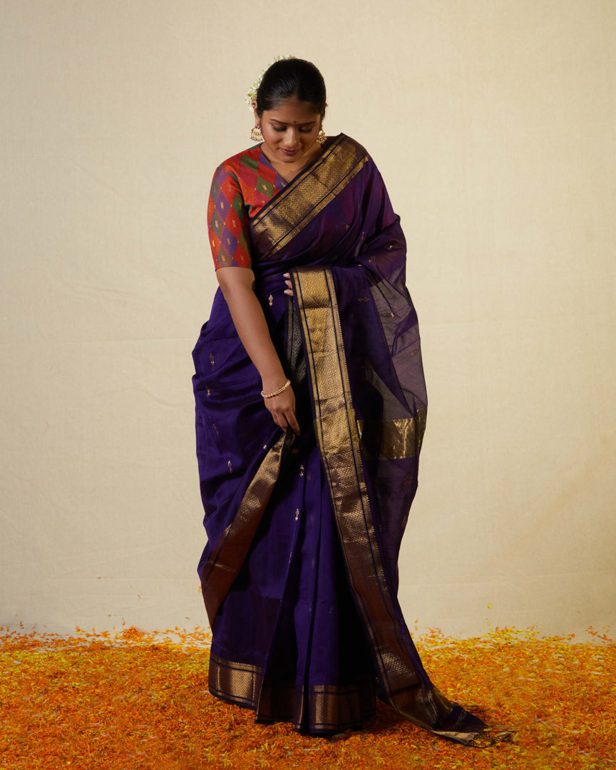 Purple Pure Silk Cotton Maheshwari Saree with Golden Zari Border